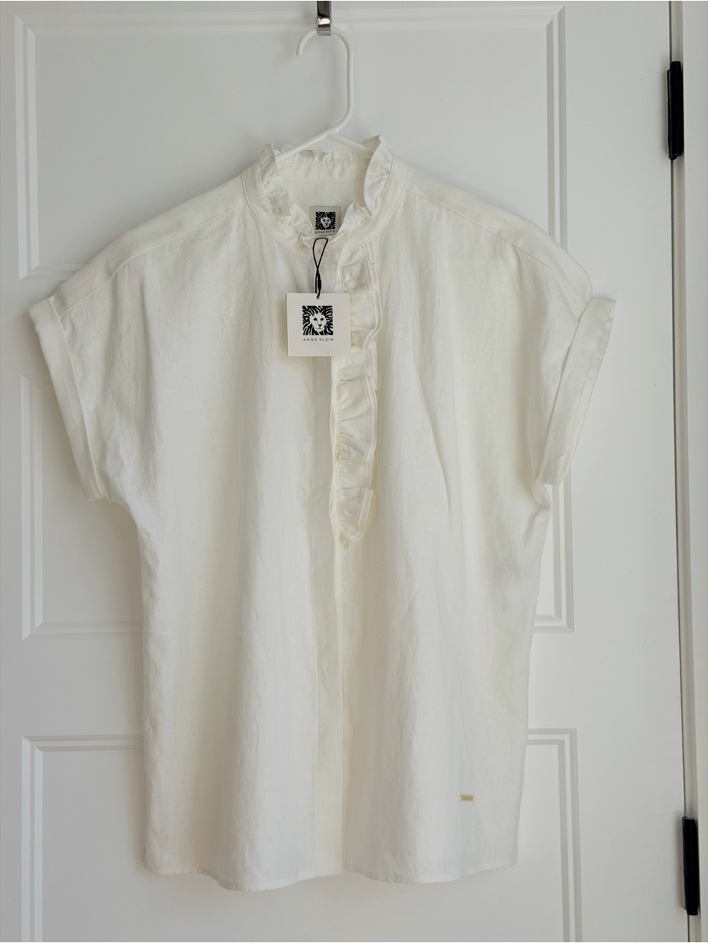 Anne Klein Ivory Short Sleeve Ruffle-Trim Blouse